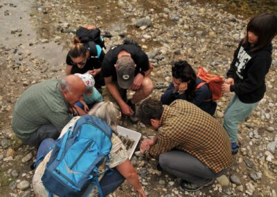 Un gruppo accovacciato sul greto del Brenta osserva i campioni raccolti nel fiume