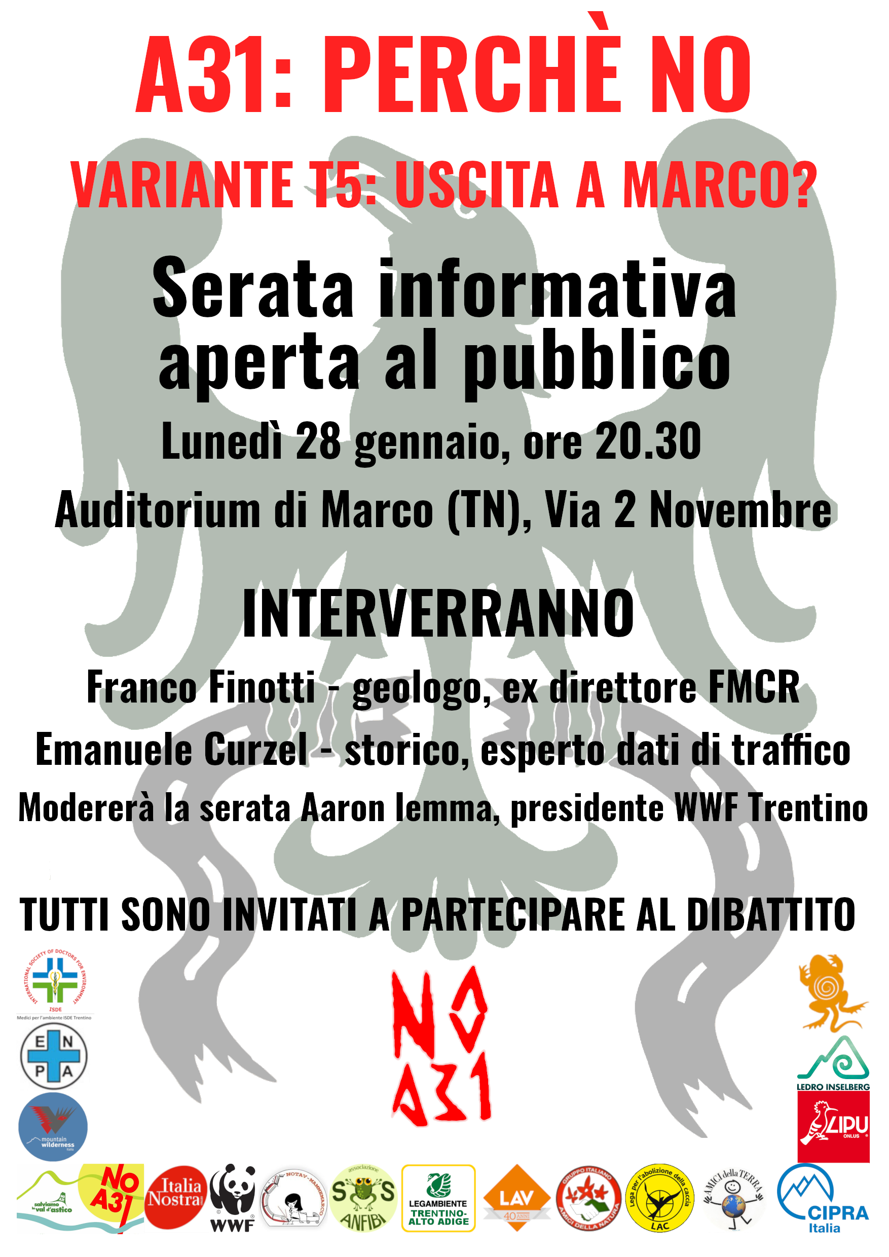 Locandina: Valdastico Nord: serata informativa del Coordinamento NOA31 a Marco