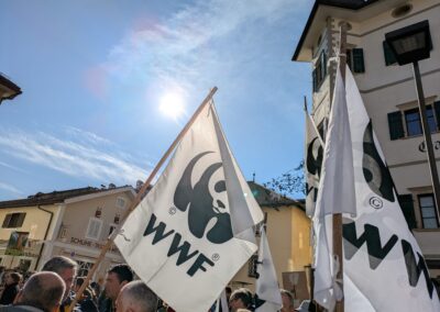 Bandiere del WWF alla manifestazione di Caldaro contro i bacini d'irrigazione nei boschi, aprile 2025